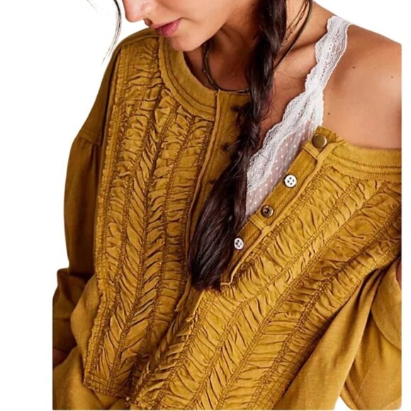 Free People We The Free Redone Tee In Adriatic Sea Mustard Womens 3/4 Sleeve S - Picture 2 of 13